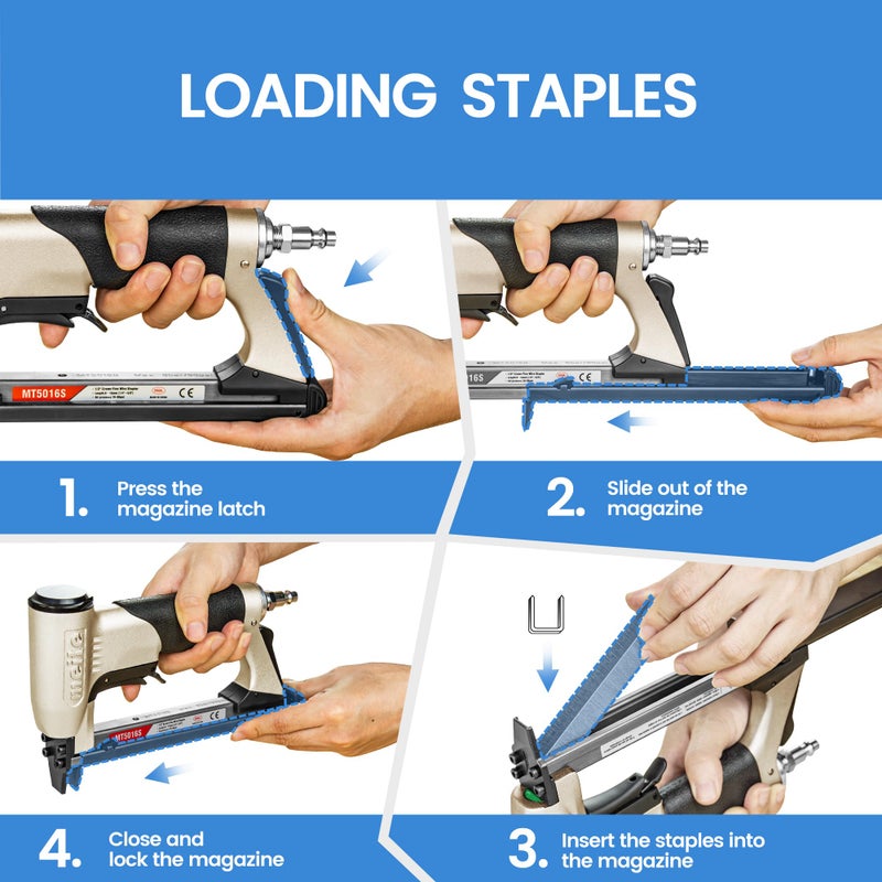 meite Upholstery Stapler with Safety Trigger, for 20 Gauge 1/2-Inch Crown Staples, Heavy-Duty Pneumatic Staple Gun for Woodworking, Professional and DIY Projects (Model MT5016S) - Image 4